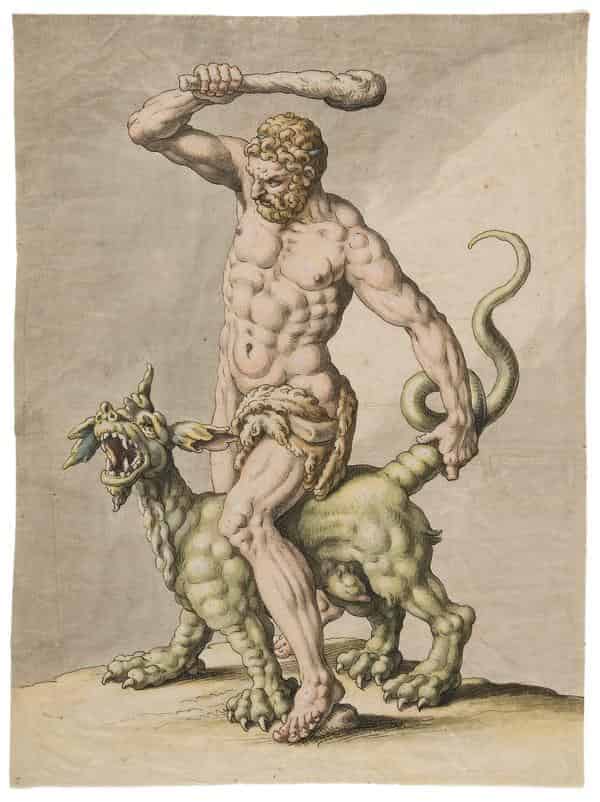Hans Friedrich Schorer (1585 – 1654), Herkules bändigt den Drachen Ladon, 1636, Feder schwarz, aquarelliert mit Deckweiß, Inv.-Nr. Z.0441, Kunstsammlungen der Veste Coburg